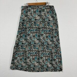 Christopher & Banks Floral Midi Blue and Tan Patterned A Line Skirt